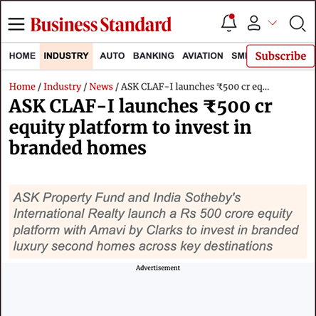 Business Standard : ASK CLAF-I launches ₹500 cr equity platform to invest in branded homes