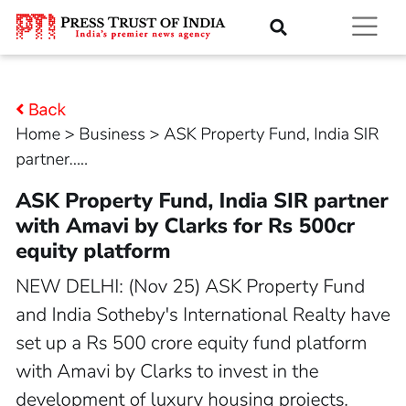 Press Trust of India: ASK Property Fund India SIR partner with Amavi by Clarks 