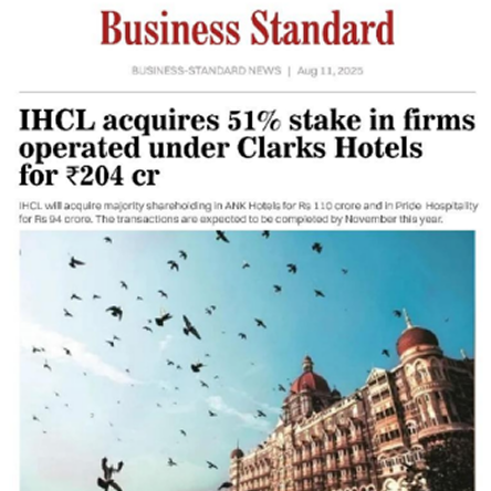IHCL acquires 51% stake in firms operated under Clarks Hotels for ₹204 cr